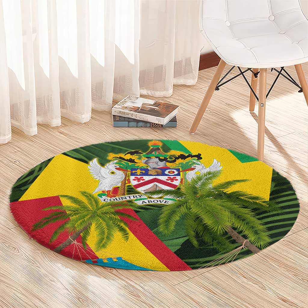 Saint Kitts and Nevis Apparel Round Carpet with Coat of Arms, Palm Trees, and Hammock Graphic in Tropical Green and Flag-Inspired Design - Wonder Print Shop