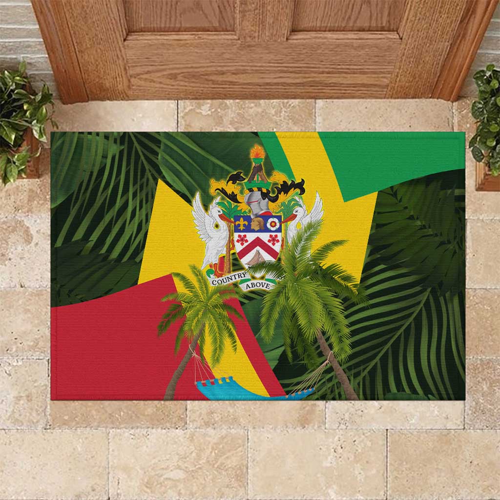 Saint Kitts and Nevis Apparel Rubber Doormat with Coat of Arms, Palm Trees, and Hammock Graphic in Tropical Green and Flag-Inspired Design - Wonder Print Shop