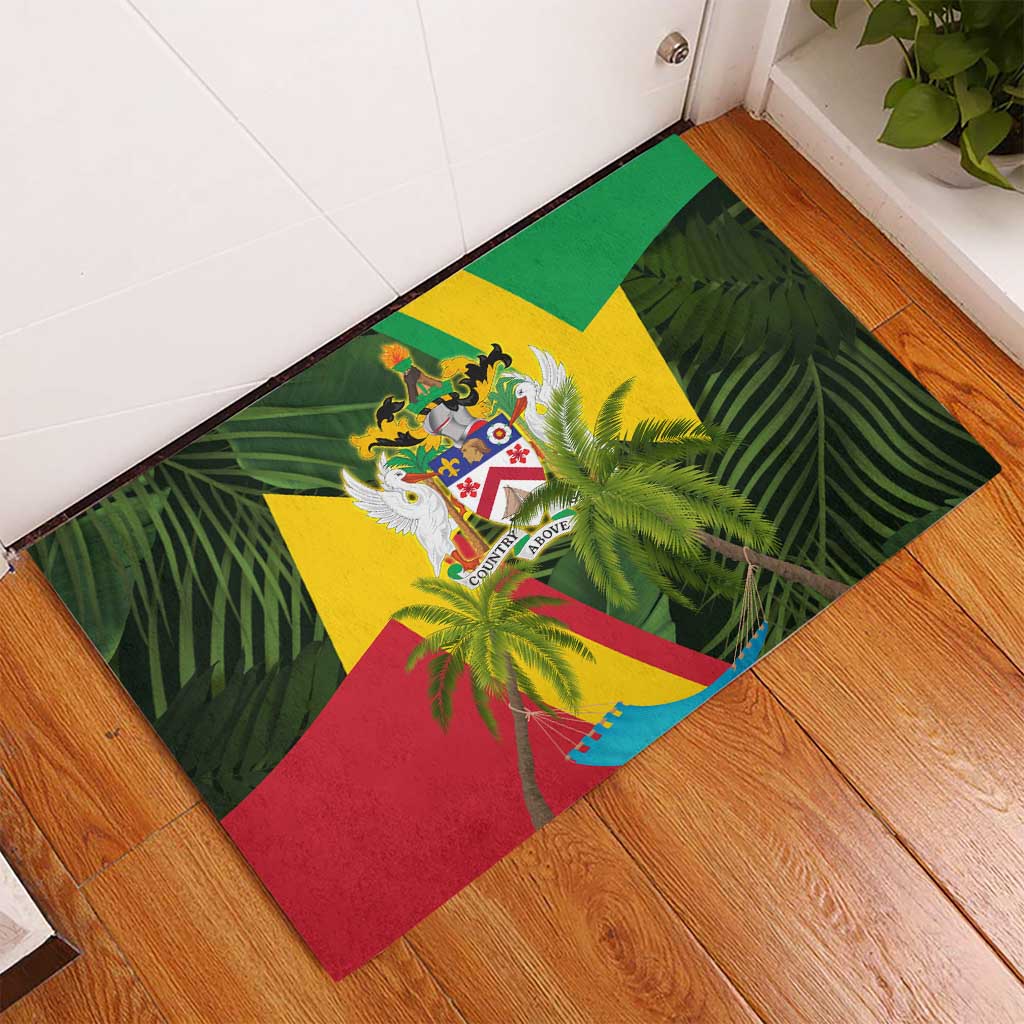 Saint Kitts and Nevis Apparel Rubber Doormat with Coat of Arms, Palm Trees, and Hammock Graphic in Tropical Green and Flag-Inspired Design - Wonder Print Shop