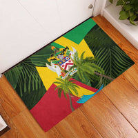 Saint Kitts and Nevis Apparel Rubber Doormat with Coat of Arms, Palm Trees, and Hammock Graphic in Tropical Green and Flag-Inspired Design - Wonder Print Shop