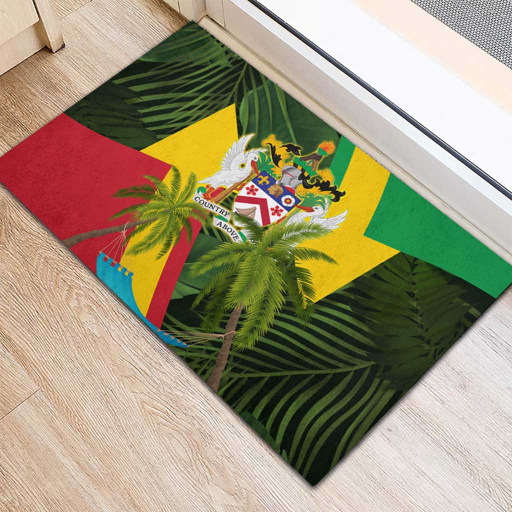 Saint Kitts and Nevis Apparel Rubber Doormat with Coat of Arms, Palm Trees, and Hammock Graphic in Tropical Green and Flag-Inspired Design - Wonder Print Shop