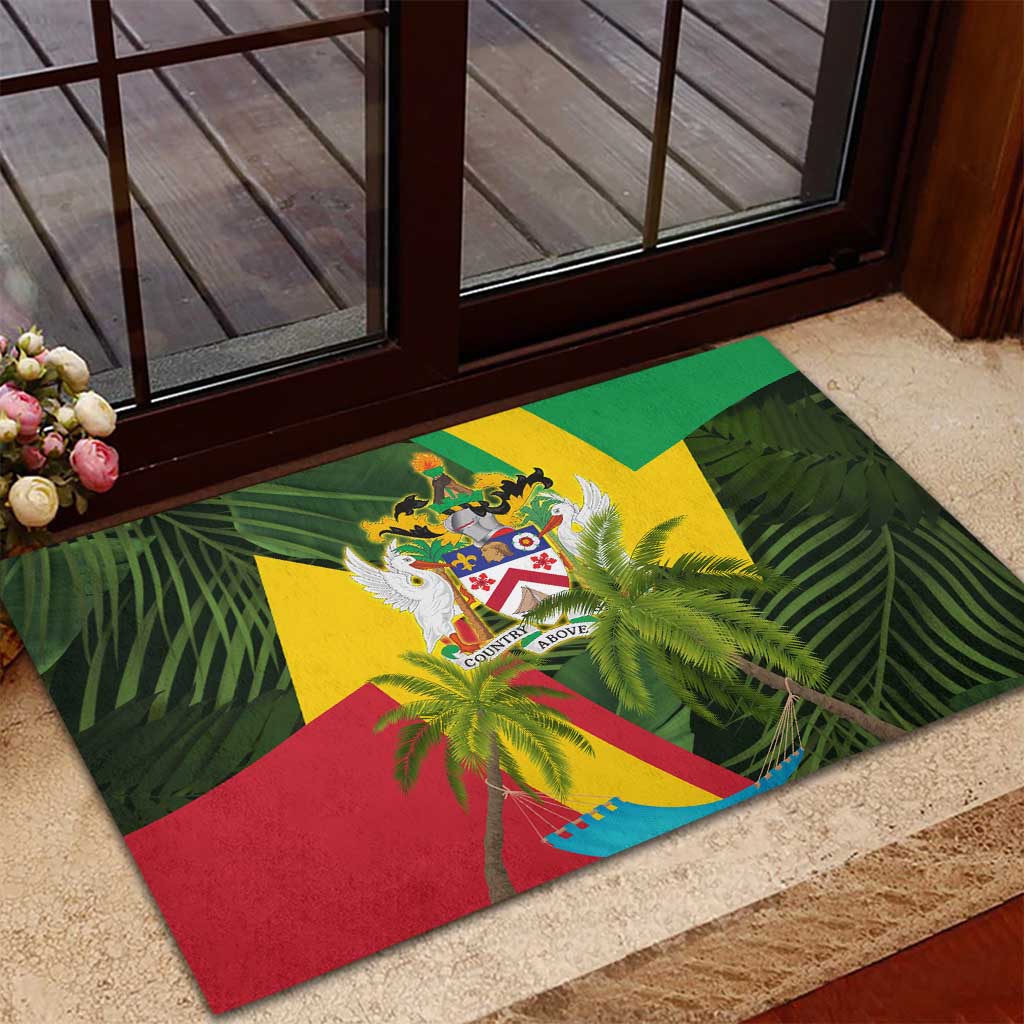 Saint Kitts and Nevis Apparel Rubber Doormat with Coat of Arms, Palm Trees, and Hammock Graphic in Tropical Green and Flag-Inspired Design - Wonder Print Shop
