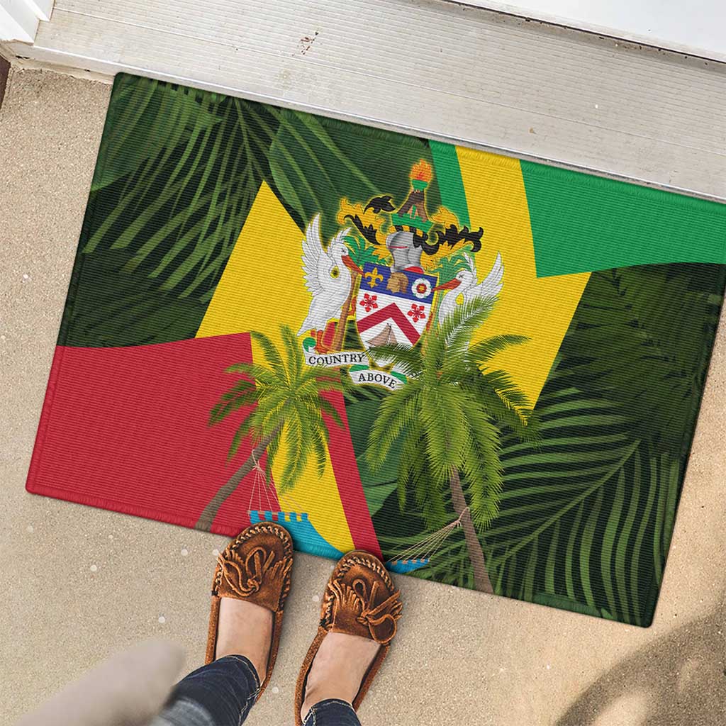 Saint Kitts and Nevis Apparel Rubber Doormat with Coat of Arms, Palm Trees, and Hammock Graphic in Tropical Green and Flag-Inspired Design - Wonder Print Shop