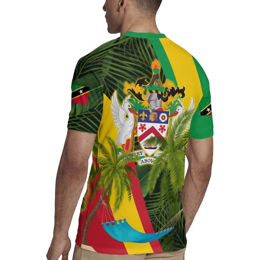 Saint Kitts and Nevis Apparel Rugby Jersey with Coat of Arms, Palm Trees, and Hammock Graphic in Tropical Green and Flag-Inspired Design - Wonder Print Shop