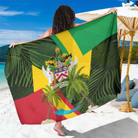Saint Kitts and Nevis Apparel Sarong with Coat of Arms, Palm Trees, and Hammock Graphic in Tropical Green and Flag-Inspired Design - Wonder Print Shop