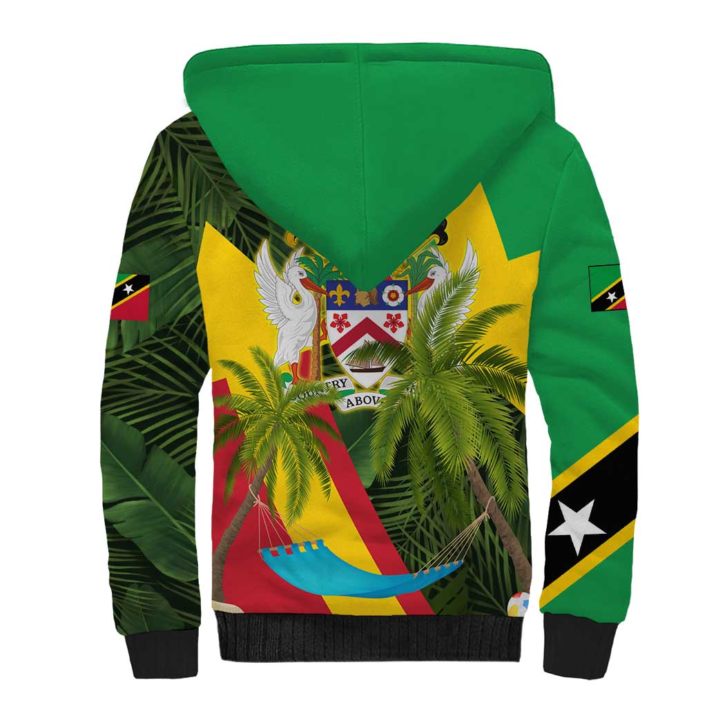 Saint Kitts and Nevis Apparel Sherpa Hoodie with Coat of Arms, Palm Trees, and Hammock Graphic in Tropical Green and Flag-Inspired Design - Wonder Print Shop