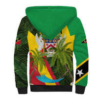 Saint Kitts and Nevis Apparel Sherpa Hoodie with Coat of Arms, Palm Trees, and Hammock Graphic in Tropical Green and Flag-Inspired Design - Wonder Print Shop