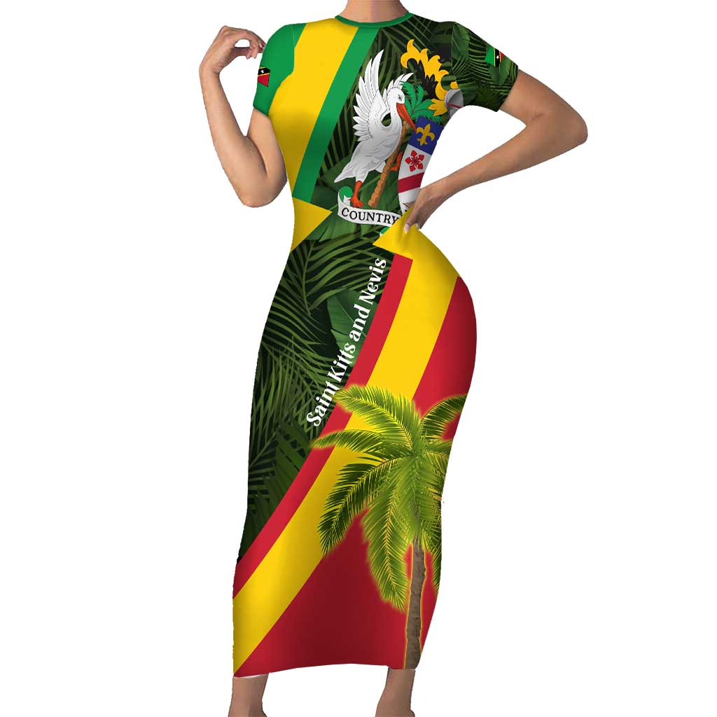 Saint Kitts and Nevis Apparel Short Sleeve Bodycon Dress with Coat of Arms, Palm Trees, and Hammock Graphic in Tropical Green and Flag-Inspired Design - Wonder Print Shop