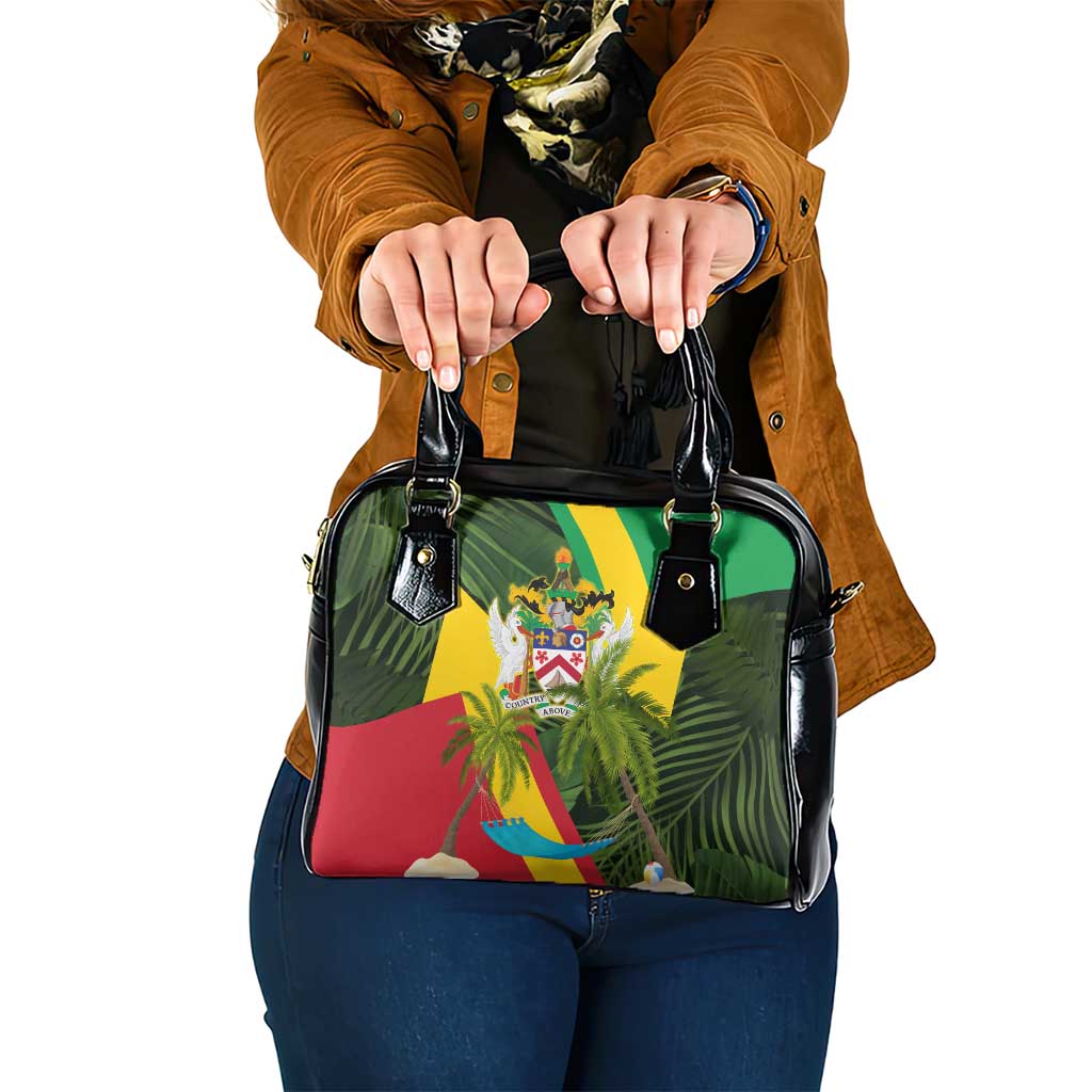 Saint Kitts and Nevis Apparel Shoulder Handbag with Coat of Arms, Palm Trees, and Hammock Graphic in Tropical Green and Flag-Inspired Design - Wonder Print Shop