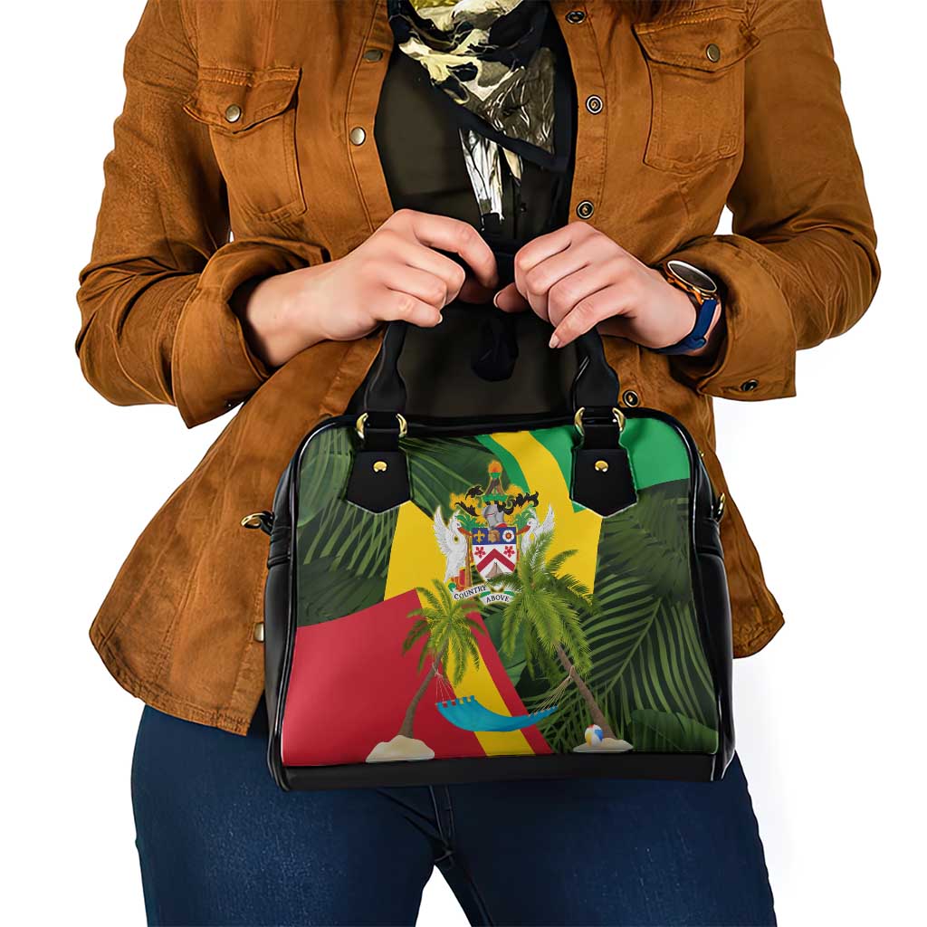 Saint Kitts and Nevis Apparel Shoulder Handbag with Coat of Arms, Palm Trees, and Hammock Graphic in Tropical Green and Flag-Inspired Design - Wonder Print Shop