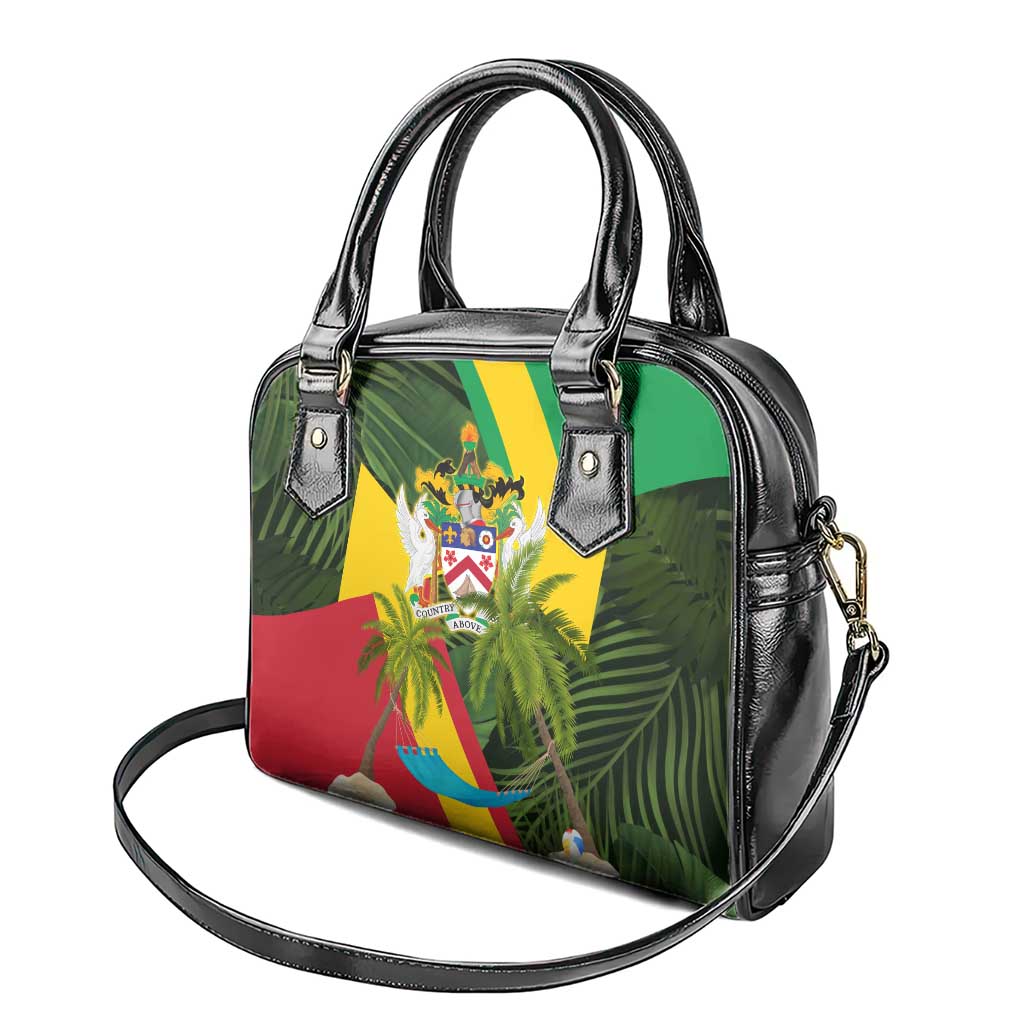 Saint Kitts and Nevis Apparel Shoulder Handbag with Coat of Arms, Palm Trees, and Hammock Graphic in Tropical Green and Flag-Inspired Design - Wonder Print Shop