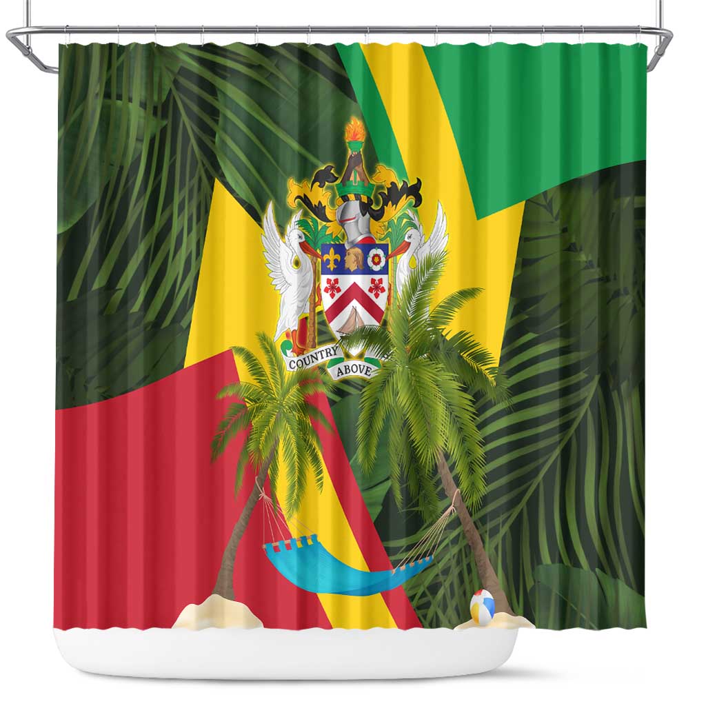Saint Kitts and Nevis Apparel Shower Curtain with Coat of Arms, Palm Trees, and Hammock Graphic in Tropical Green and Flag-Inspired Design - Wonder Print Shop