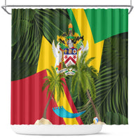 Saint Kitts and Nevis Apparel Shower Curtain with Coat of Arms, Palm Trees, and Hammock Graphic in Tropical Green and Flag-Inspired Design - Wonder Print Shop