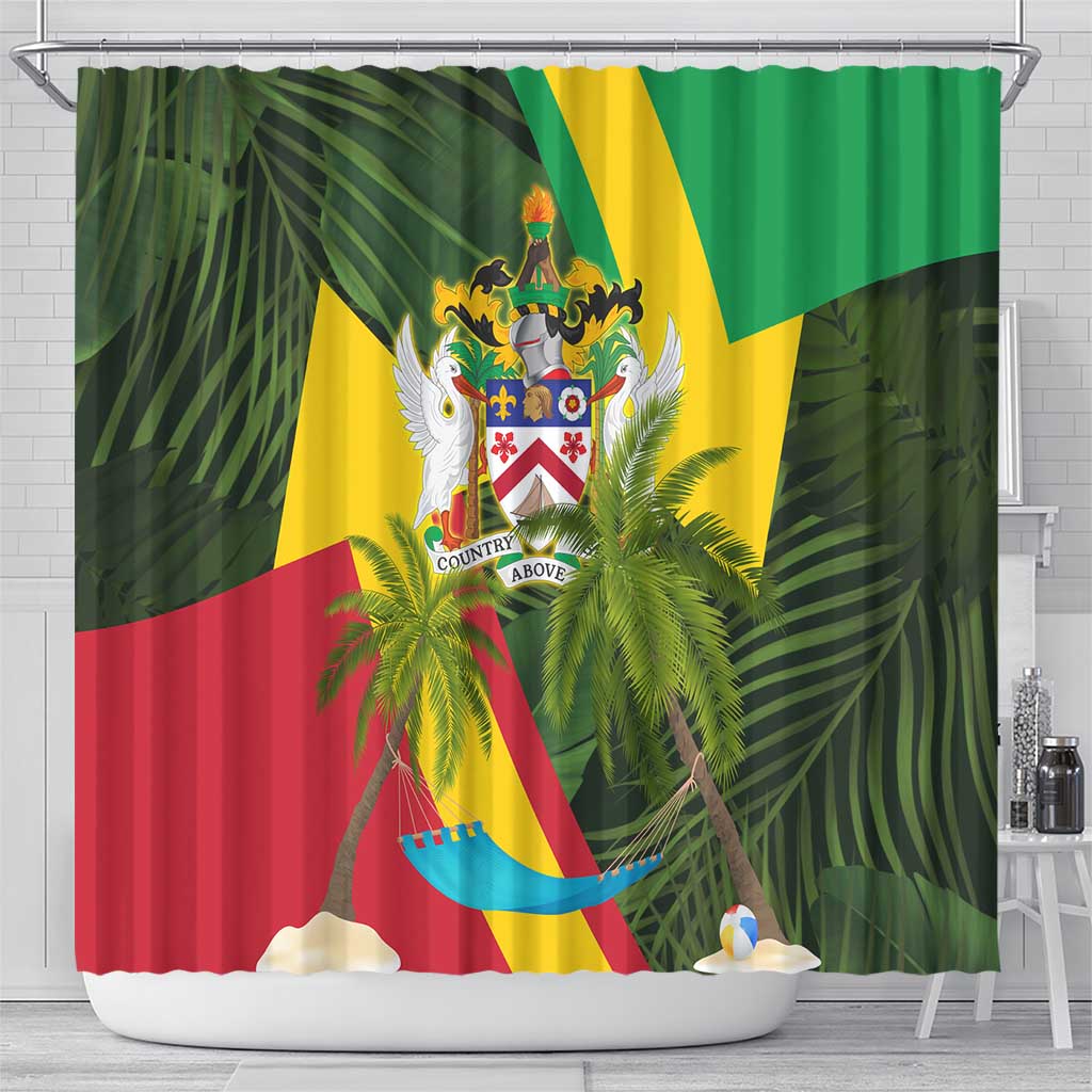 Saint Kitts and Nevis Apparel Shower Curtain with Coat of Arms, Palm Trees, and Hammock Graphic in Tropical Green and Flag-Inspired Design - Wonder Print Shop