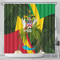 Saint Kitts and Nevis Apparel Shower Curtain with Coat of Arms, Palm Trees, and Hammock Graphic in Tropical Green and Flag-Inspired Design - Wonder Print Shop