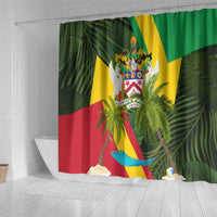 Saint Kitts and Nevis Apparel Shower Curtain with Coat of Arms, Palm Trees, and Hammock Graphic in Tropical Green and Flag-Inspired Design - Wonder Print Shop