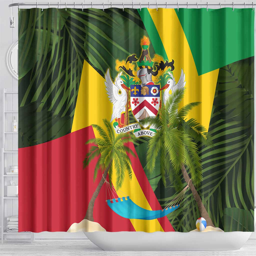 Saint Kitts and Nevis Apparel Shower Curtain with Coat of Arms, Palm Trees, and Hammock Graphic in Tropical Green and Flag-Inspired Design - Wonder Print Shop