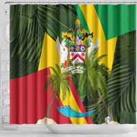 Saint Kitts and Nevis Apparel Shower Curtain with Coat of Arms, Palm Trees, and Hammock Graphic in Tropical Green and Flag-Inspired Design - Wonder Print Shop