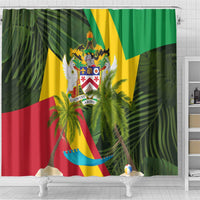 Saint Kitts and Nevis Apparel Shower Curtain with Coat of Arms, Palm Trees, and Hammock Graphic in Tropical Green and Flag-Inspired Design - Wonder Print Shop