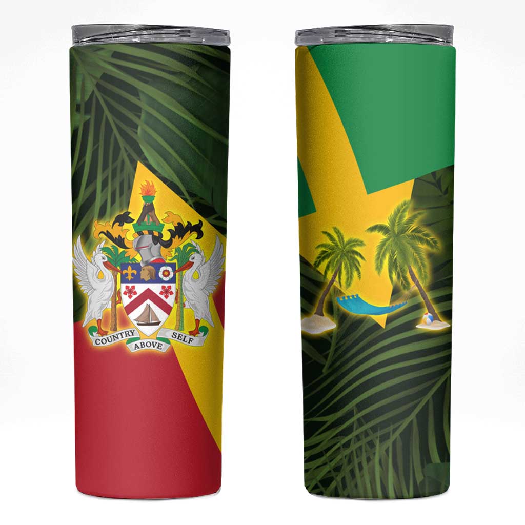 Saint Kitts and Nevis Apparel Skinny Tumbler with Coat of Arms, Palm Trees, and Hammock Graphic in Tropical Green and Flag-Inspired Design - Wonder Print Shop