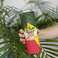 Saint Kitts and Nevis Apparel Skinny Tumbler with Coat of Arms, Palm Trees, and Hammock Graphic in Tropical Green and Flag-Inspired Design - Wonder Print Shop