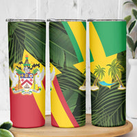 Saint Kitts and Nevis Apparel Skinny Tumbler with Coat of Arms, Palm Trees, and Hammock Graphic in Tropical Green and Flag-Inspired Design - Wonder Print Shop