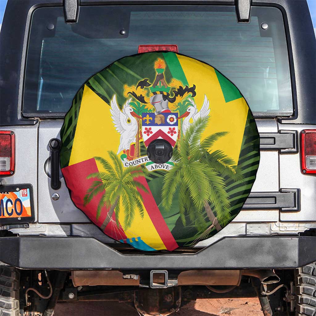 Saint Kitts and Nevis Apparel Spare Tire Cover with Coat of Arms, Palm Trees, and Hammock Graphic in Tropical Green and Flag-Inspired Design - Wonder Print Shop