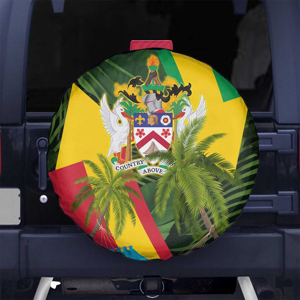 Saint Kitts and Nevis Apparel Spare Tire Cover with Coat of Arms, Palm Trees, and Hammock Graphic in Tropical Green and Flag-Inspired Design - Wonder Print Shop