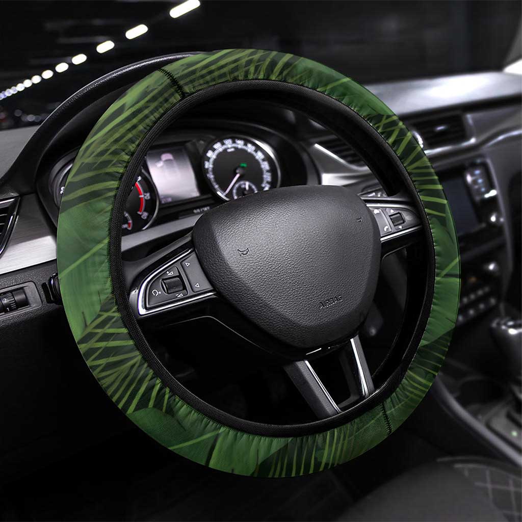 Saint Kitts and Nevis Apparel Steering Wheel Cover with Coat of Arms, Palm Trees, and Hammock Graphic in Tropical Green and Flag-Inspired Design - Wonder Print Shop