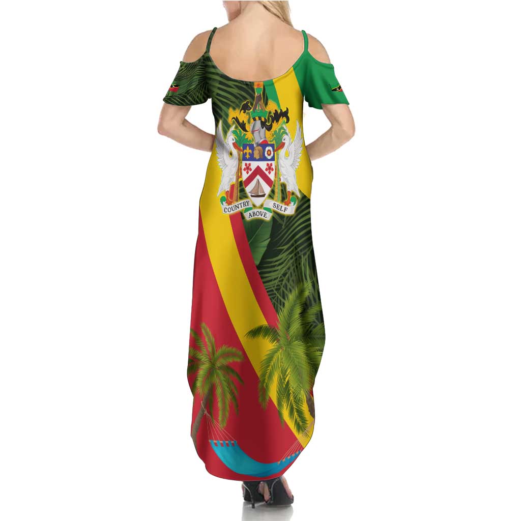 Saint Kitts and Nevis Apparel Summer Maxi Dress with Coat of Arms, Palm Trees, and Hammock Graphic in Tropical Green and Flag-Inspired Design - Wonder Print Shop