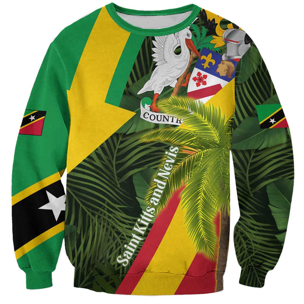 Saint Kitts and Nevis Apparel Sweatshirt with Coat of Arms, Palm Trees, and Hammock Graphic in Tropical Green and Flag-Inspired Design - Wonder Print Shop