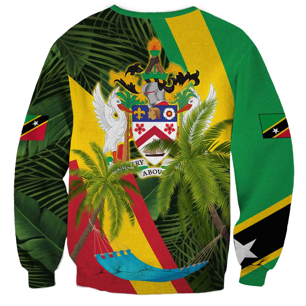 Saint Kitts and Nevis Apparel Sweatshirt with Coat of Arms, Palm Trees, and Hammock Graphic in Tropical Green and Flag-Inspired Design - Wonder Print Shop