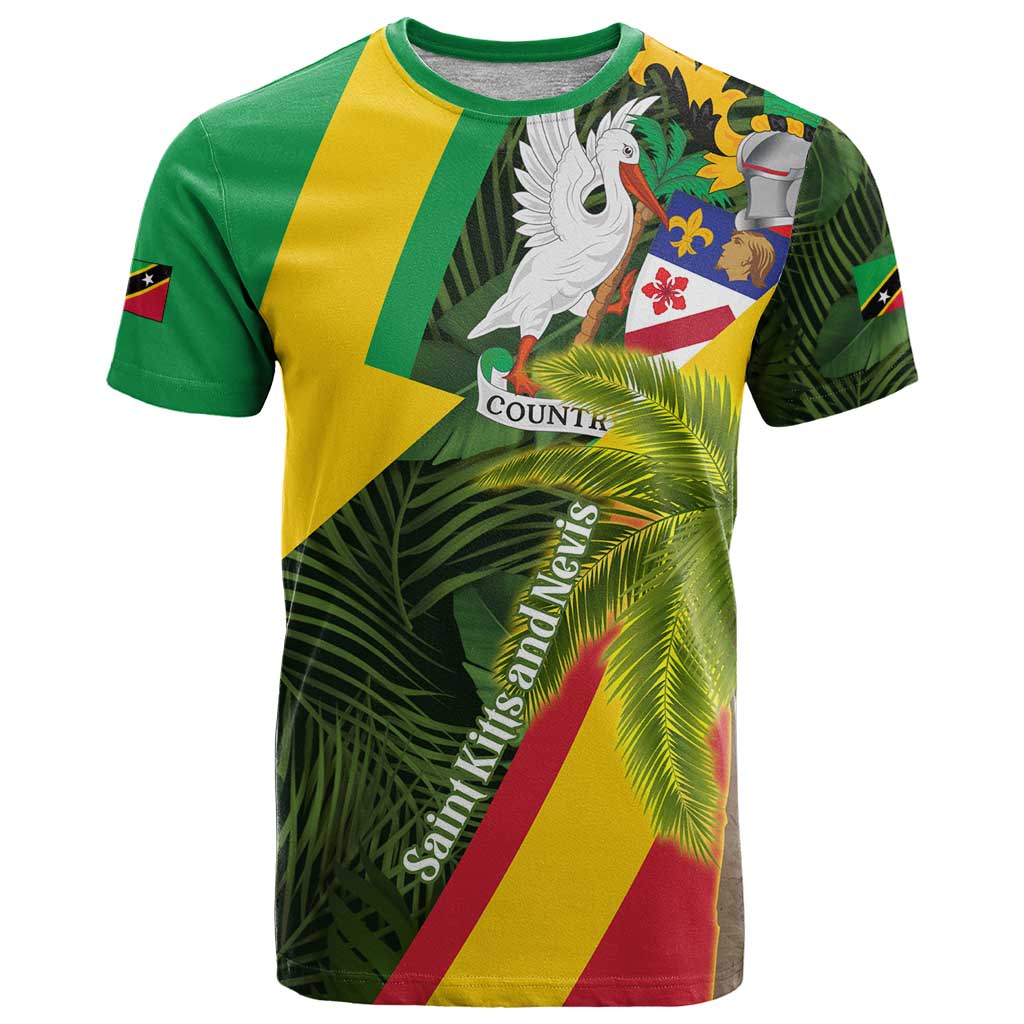 Saint Kitts and Nevis Apparel T Shirt with Coat of Arms, Palm Trees, and Hammock Graphic in Tropical Green and Flag-Inspired Design - Wonder Print Shop