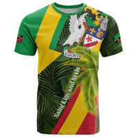 Saint Kitts and Nevis Apparel T Shirt with Coat of Arms, Palm Trees, and Hammock Graphic in Tropical Green and Flag-Inspired Design - Wonder Print Shop