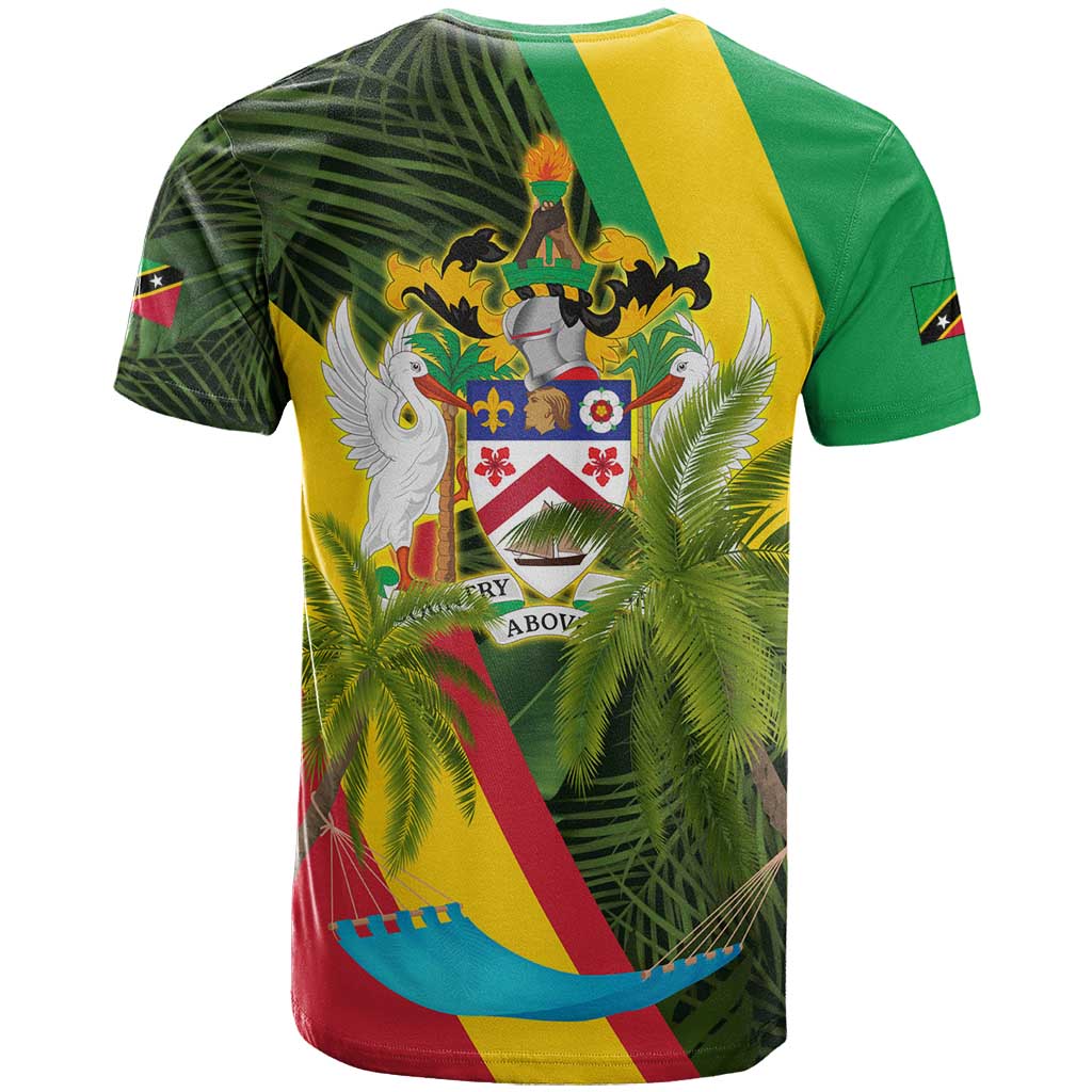 Saint Kitts and Nevis Apparel T Shirt with Coat of Arms, Palm Trees, and Hammock Graphic in Tropical Green and Flag-Inspired Design - Wonder Print Shop