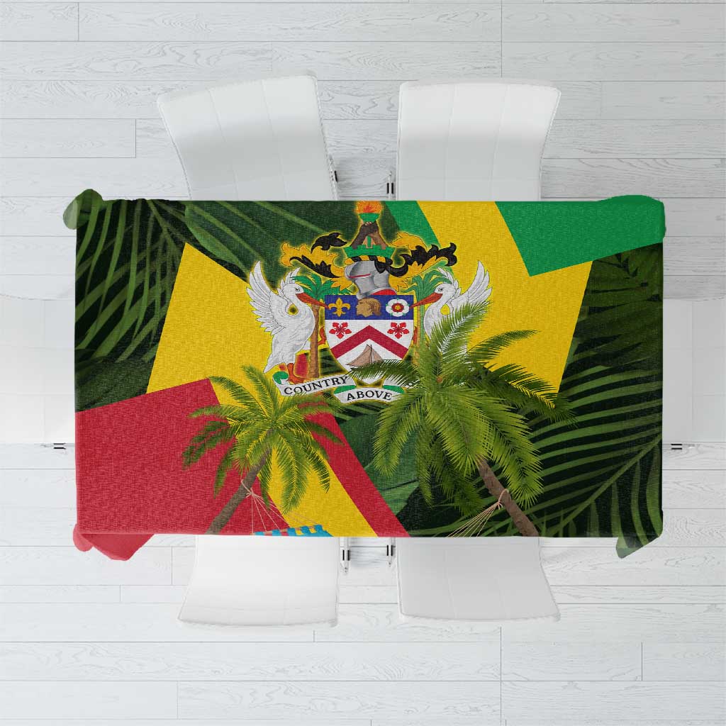 Saint Kitts and Nevis Apparel Tablecloth with Coat of Arms, Palm Trees, and Hammock Graphic in Tropical Green and Flag-Inspired Design - Wonder Print Shop