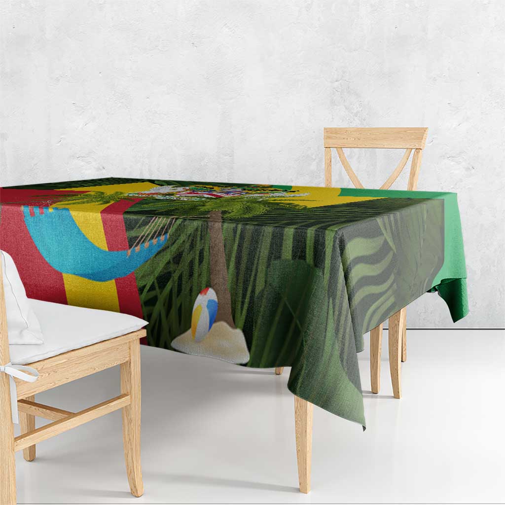 Saint Kitts and Nevis Apparel Tablecloth with Coat of Arms, Palm Trees, and Hammock Graphic in Tropical Green and Flag-Inspired Design - Wonder Print Shop