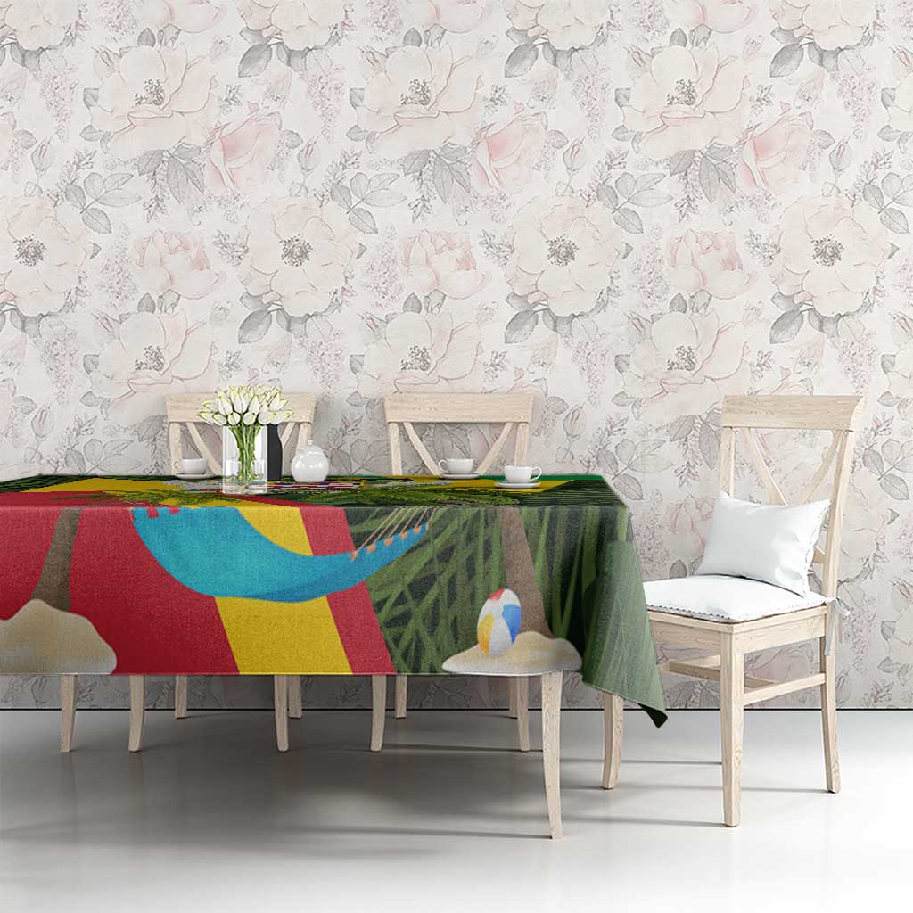 Saint Kitts and Nevis Apparel Tablecloth with Coat of Arms, Palm Trees, and Hammock Graphic in Tropical Green and Flag-Inspired Design - Wonder Print Shop