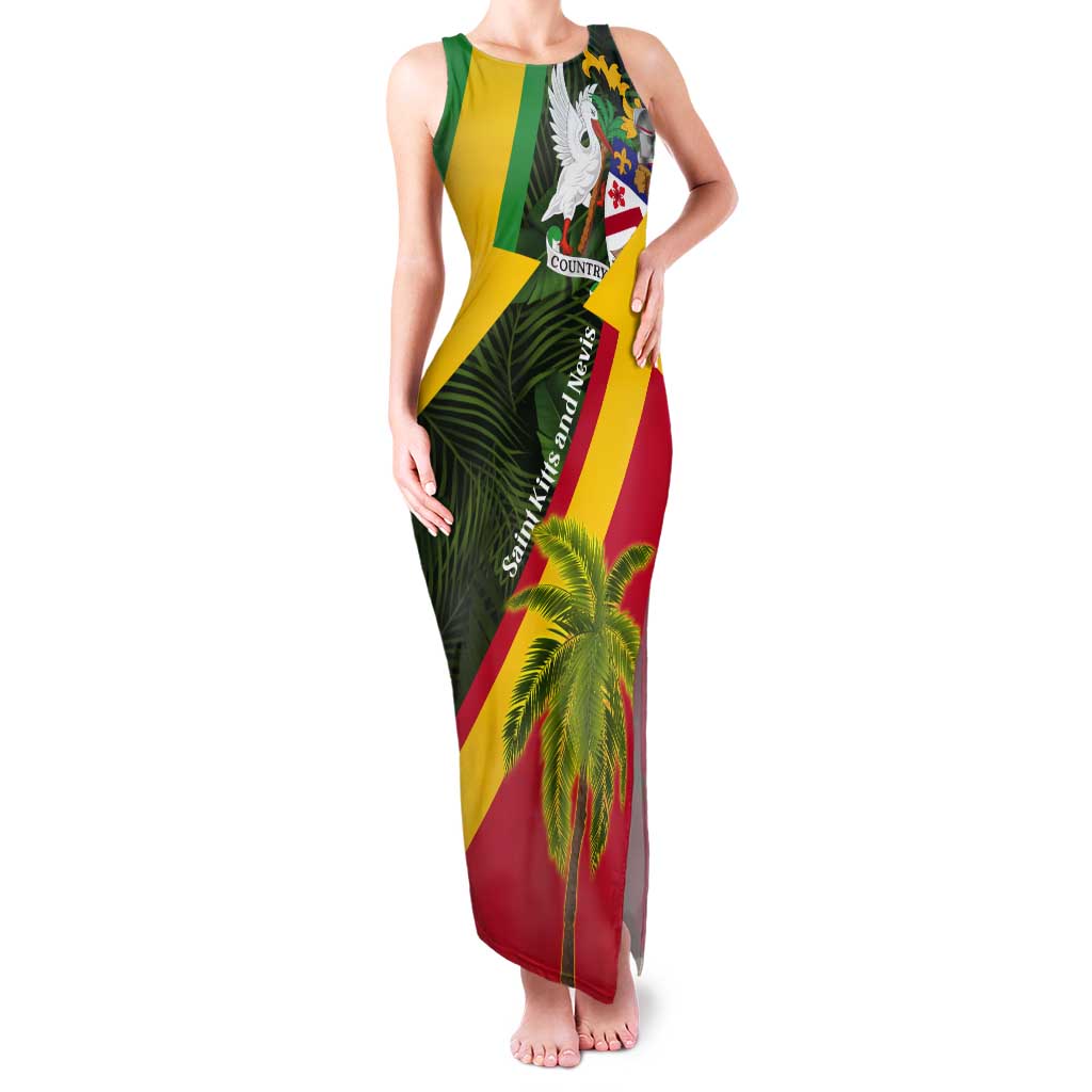 Saint Kitts and Nevis Apparel Tank Maxi Dress with Coat of Arms, Palm Trees, and Hammock Graphic in Tropical Green and Flag-Inspired Design - Wonder Print Shop