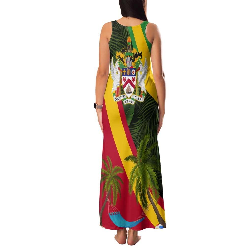 Saint Kitts and Nevis Apparel Tank Maxi Dress with Coat of Arms, Palm Trees, and Hammock Graphic in Tropical Green and Flag-Inspired Design - Wonder Print Shop