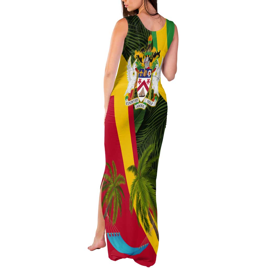 Saint Kitts and Nevis Apparel Tank Maxi Dress with Coat of Arms, Palm Trees, and Hammock Graphic in Tropical Green and Flag-Inspired Design - Wonder Print Shop