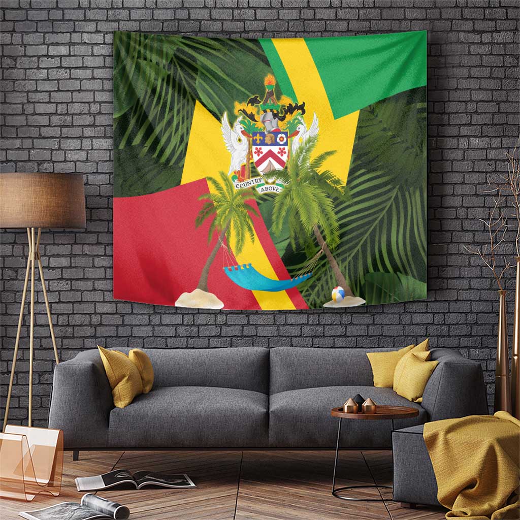 Saint Kitts and Nevis Apparel Tapestry with Coat of Arms, Palm Trees, and Hammock Graphic in Tropical Green and Flag-Inspired Design - Wonder Print Shop