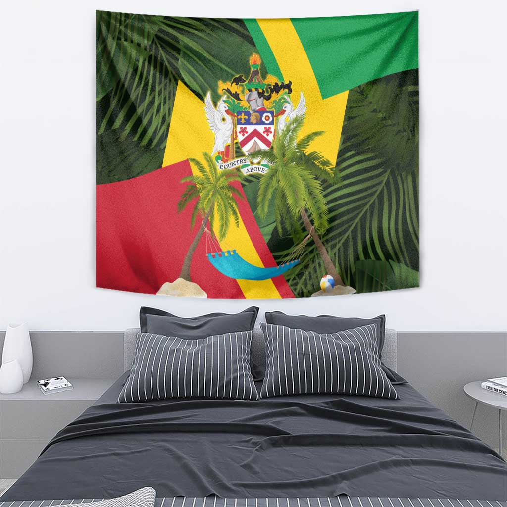 Saint Kitts and Nevis Apparel Tapestry with Coat of Arms, Palm Trees, and Hammock Graphic in Tropical Green and Flag-Inspired Design - Wonder Print Shop