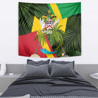 Saint Kitts and Nevis Apparel Tapestry with Coat of Arms, Palm Trees, and Hammock Graphic in Tropical Green and Flag-Inspired Design - Wonder Print Shop