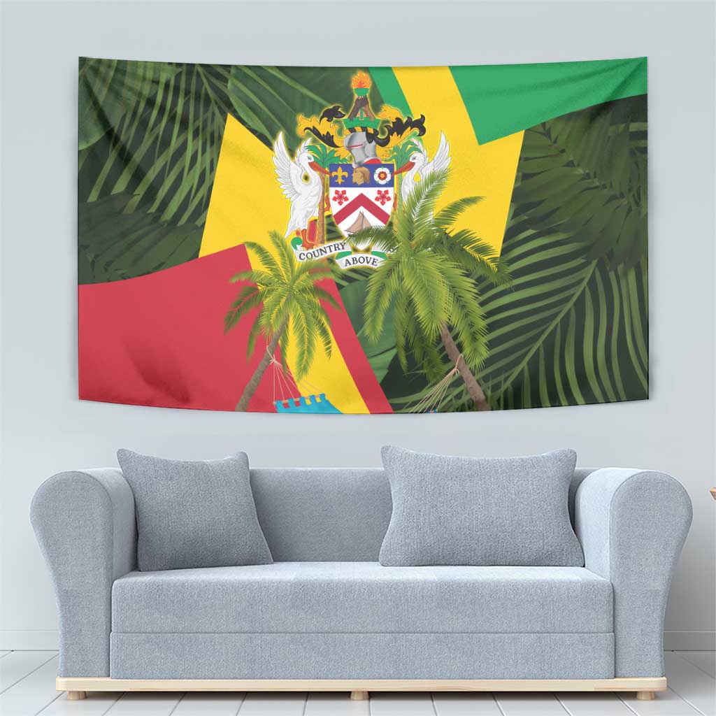 Saint Kitts and Nevis Apparel Tapestry with Coat of Arms, Palm Trees, and Hammock Graphic in Tropical Green and Flag-Inspired Design - Wonder Print Shop