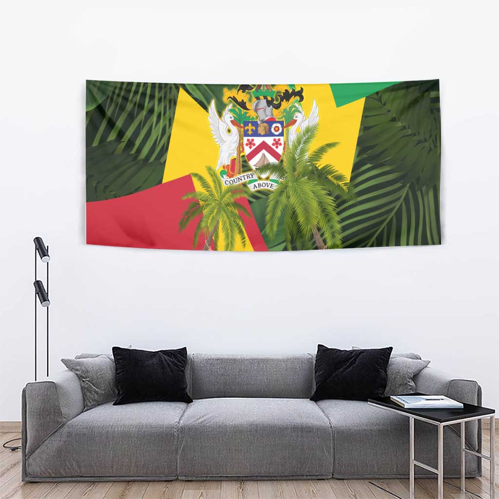 Saint Kitts and Nevis Apparel Tapestry with Coat of Arms, Palm Trees, and Hammock Graphic in Tropical Green and Flag-Inspired Design - Wonder Print Shop