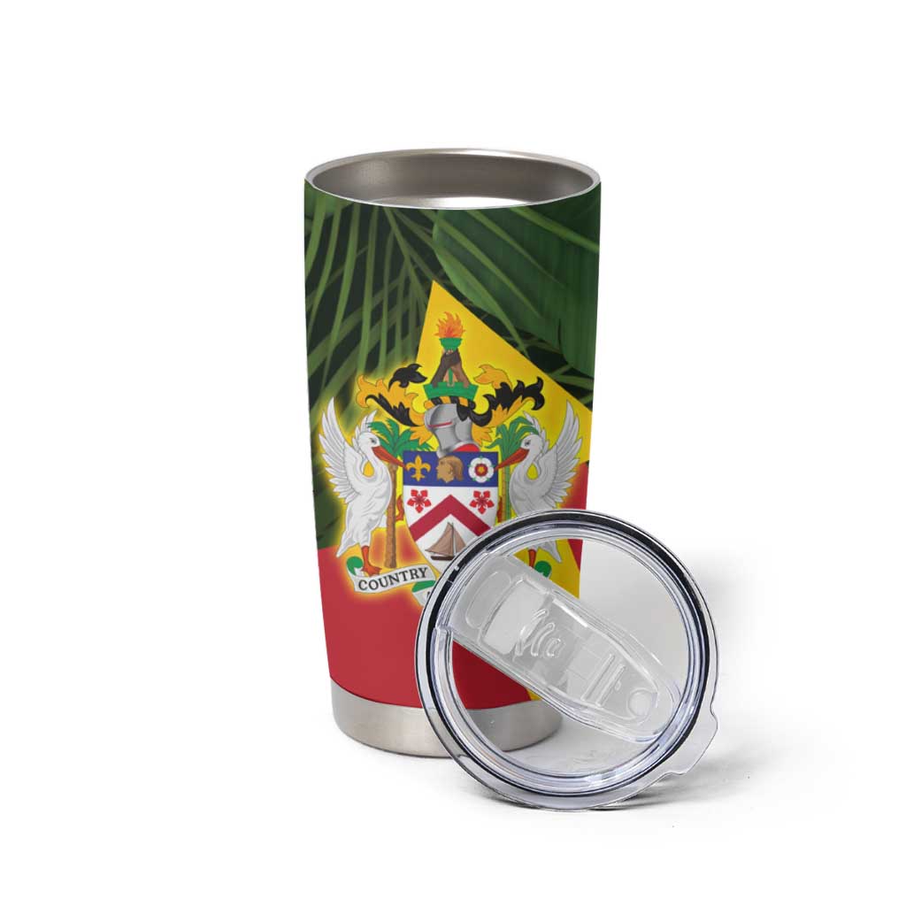 Saint Kitts and Nevis Apparel Tumbler Cup with Coat of Arms, Palm Trees, and Hammock Graphic in Tropical Green and Flag-Inspired Design - Wonder Print Shop