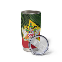 Saint Kitts and Nevis Apparel Tumbler Cup with Coat of Arms, Palm Trees, and Hammock Graphic in Tropical Green and Flag-Inspired Design - Wonder Print Shop