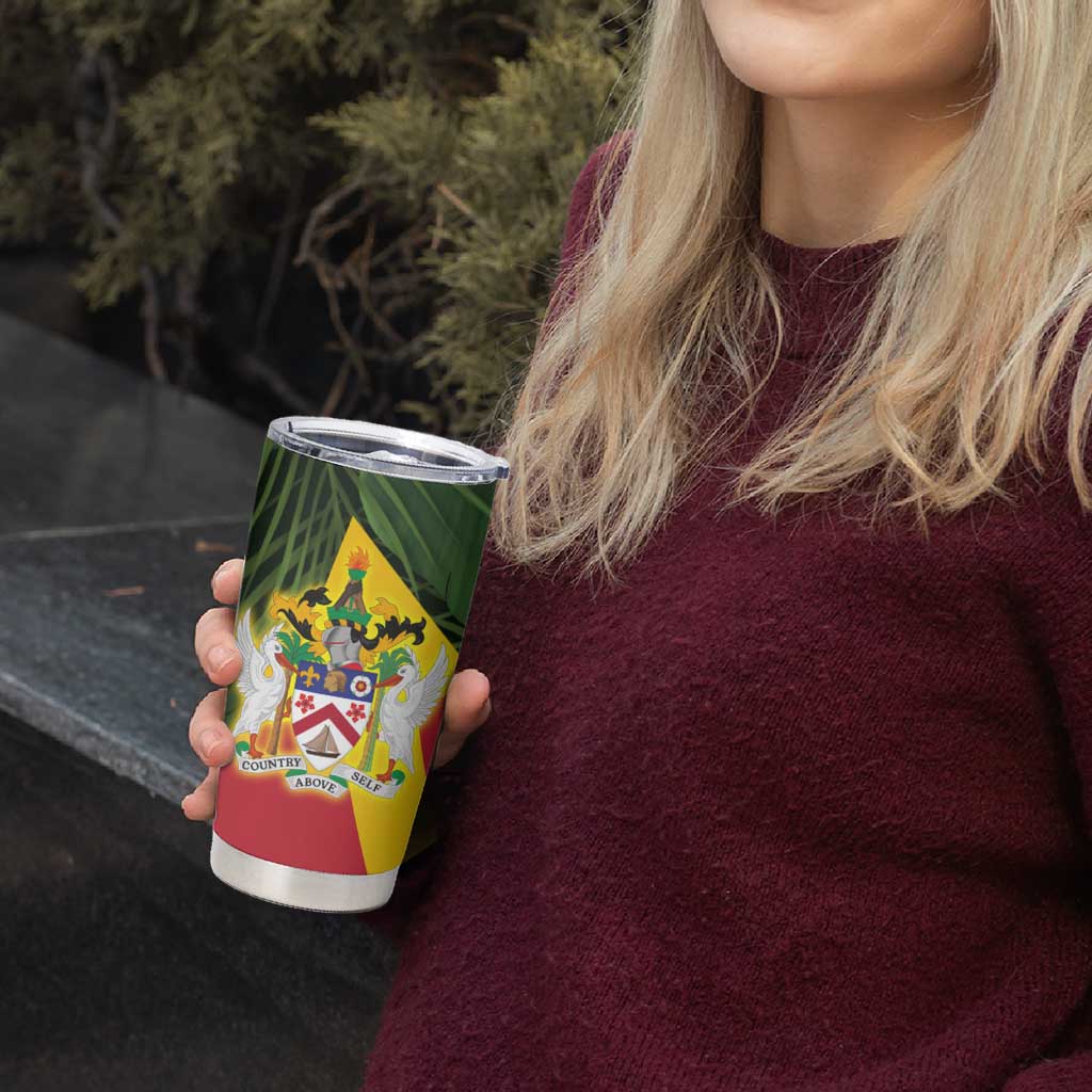 Saint Kitts and Nevis Apparel Tumbler Cup with Coat of Arms, Palm Trees, and Hammock Graphic in Tropical Green and Flag-Inspired Design - Wonder Print Shop