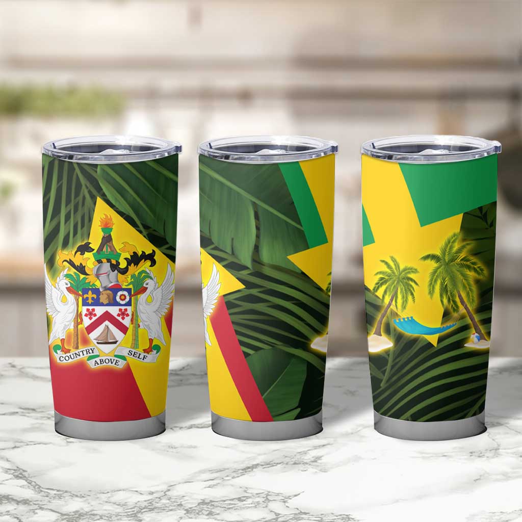 Saint Kitts and Nevis Apparel Tumbler Cup with Coat of Arms, Palm Trees, and Hammock Graphic in Tropical Green and Flag-Inspired Design - Wonder Print Shop
